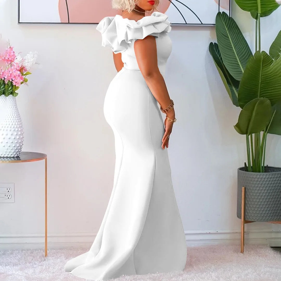 Elegant Off Shoulder Short Sleeve Ruffles Mermaid Long Dress for Women