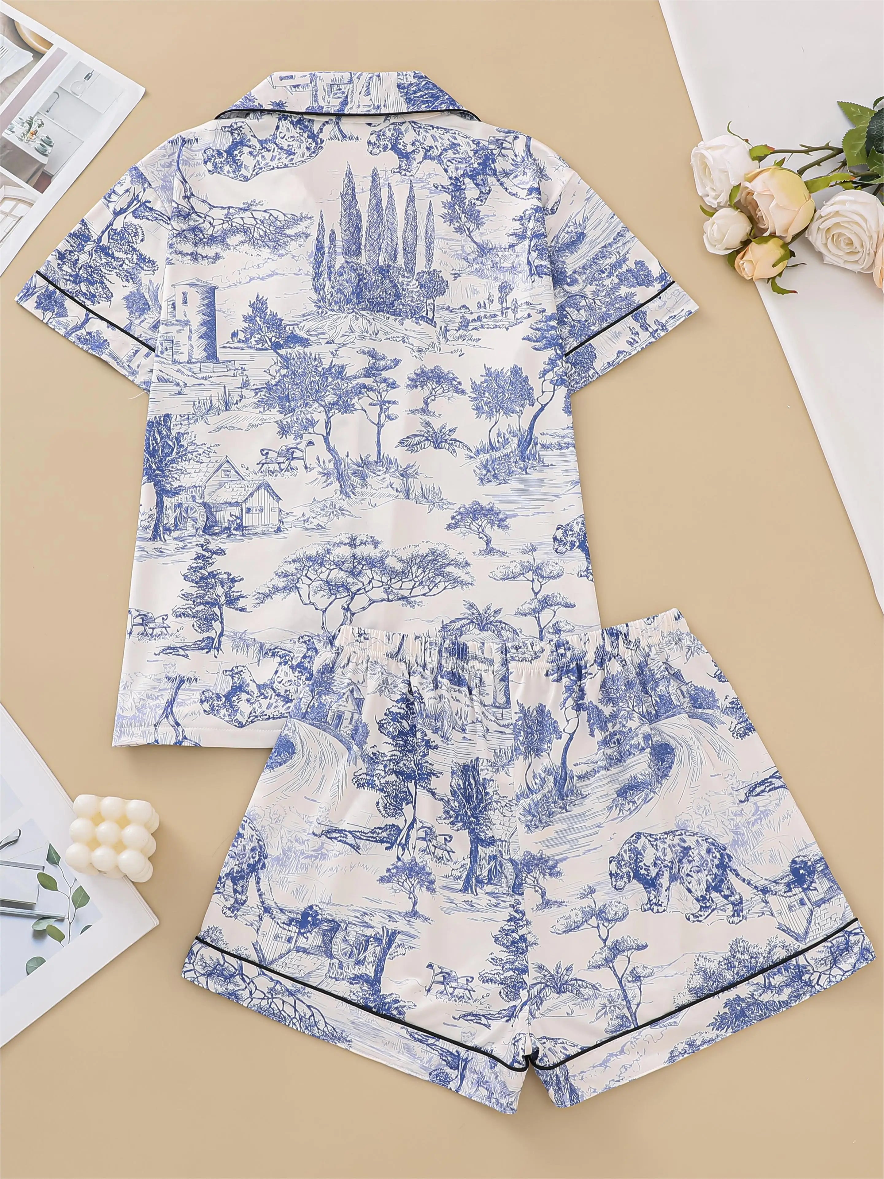 Pajama set, comfortable short-sleeved lapel top loungewear for women