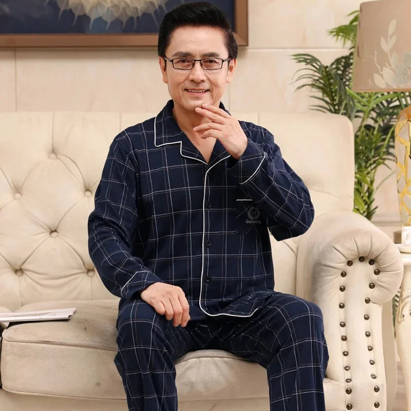 Men's Pure Cotton Long Sleeve Sleepwear Plaid Home Clothes Nightgown