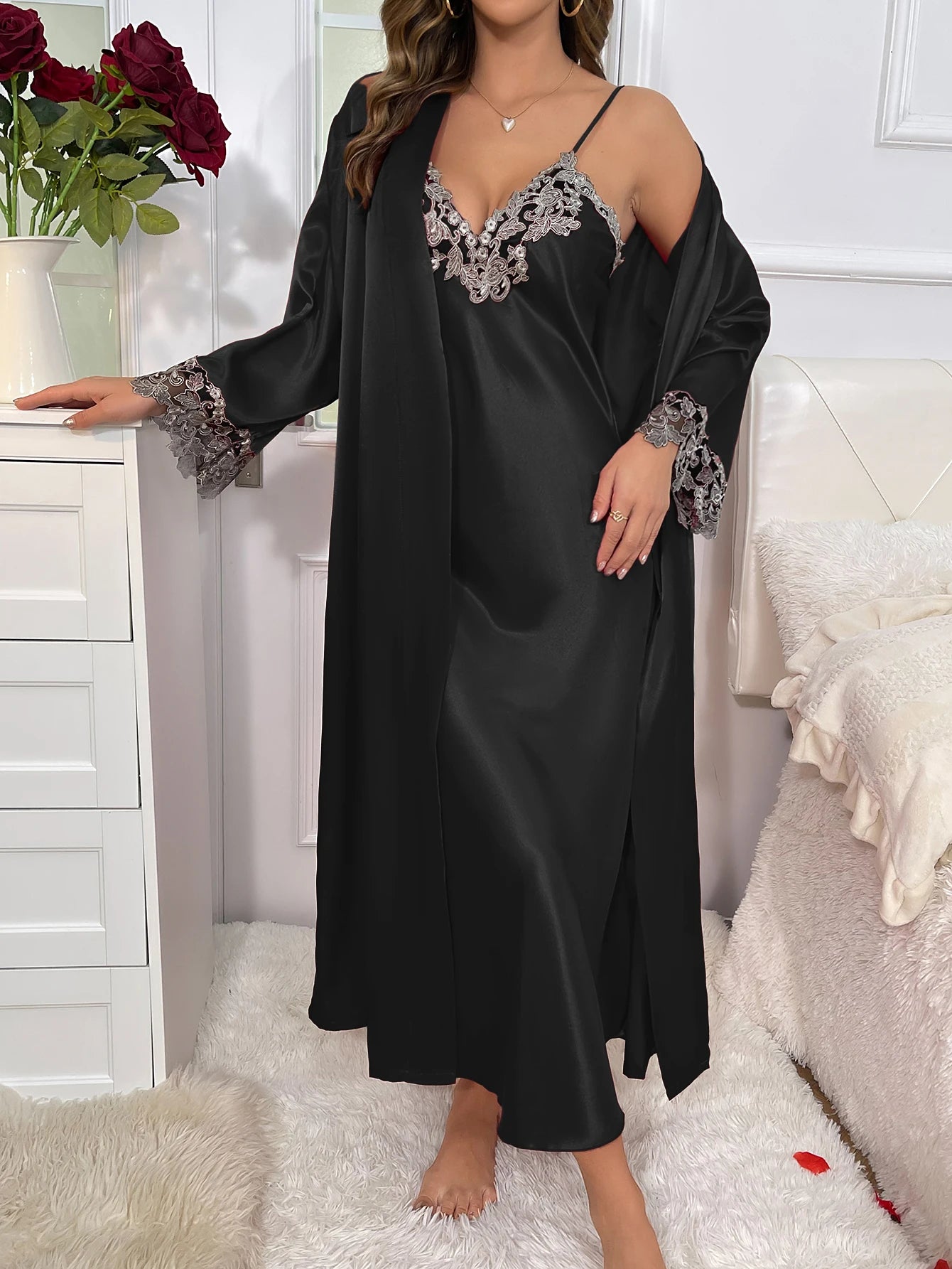 Long Sleeve Belted Robe V Neck Slip Dress Sexy Elegant Women Pajama  Sets
