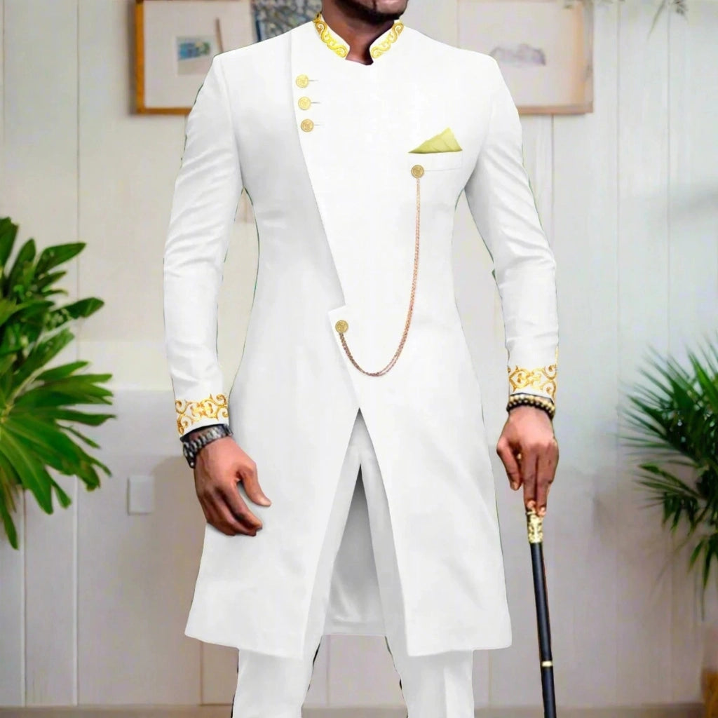 Men Dashiki Slim Fit Embroidery Jackets & Pants with Kerchief Outfits