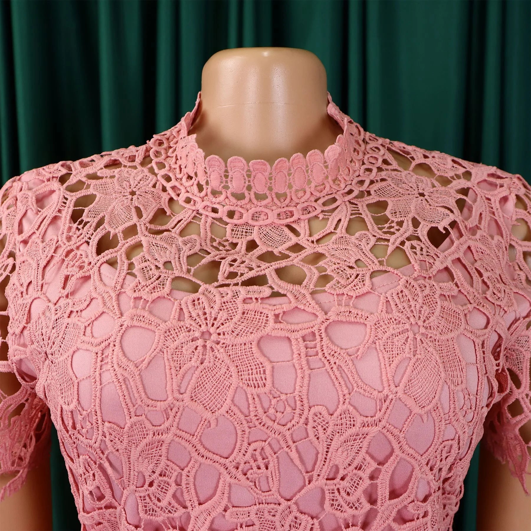 Women O-Neck Lace Patchwork Short Sleeve Sashes High Waist Outfit Set