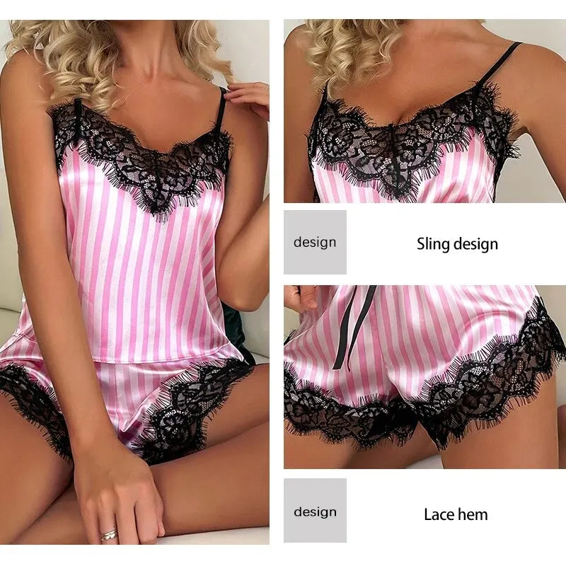 Two Piece Women's V-Neck Sexy Lace Suspender Casual Pajama Shorts Set