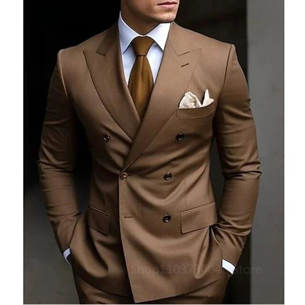 Men's Suit Set Fashion Groom Peak Lapel Double Breasted Blazer Trouser