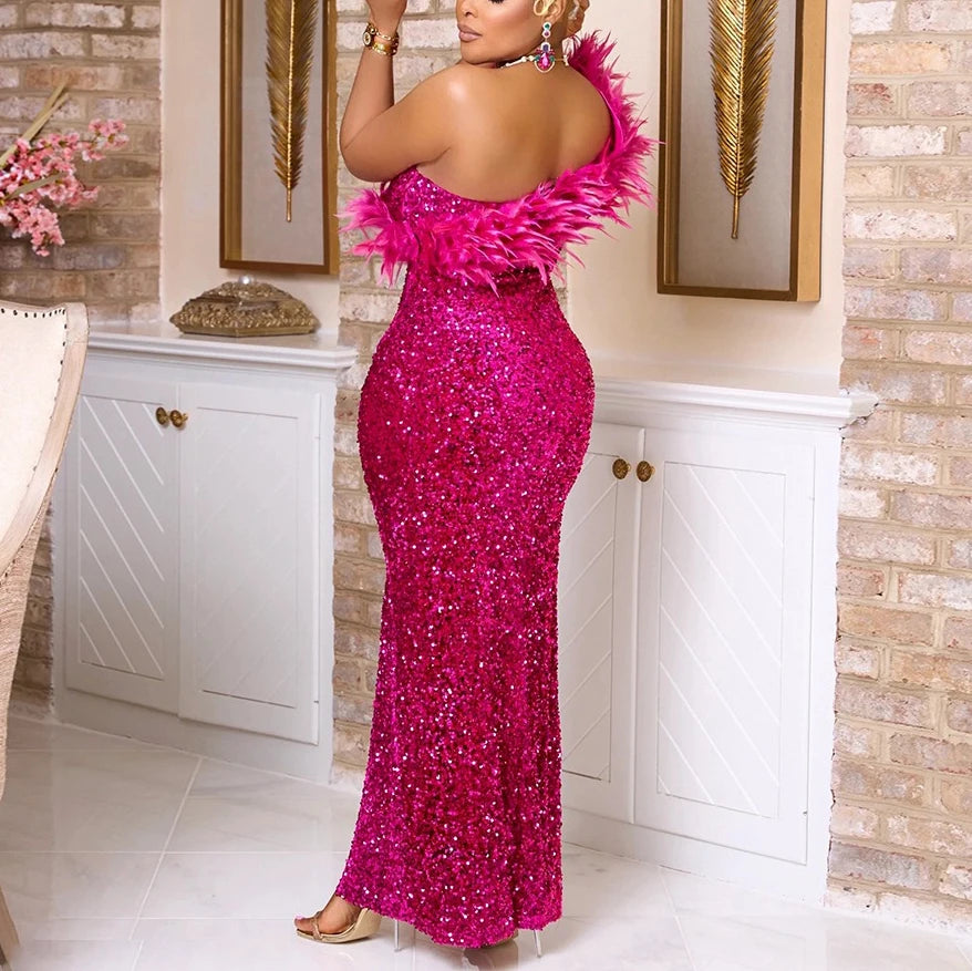 Sexy Dress for Women One Shoulder Sequined Feather Split Floor Length