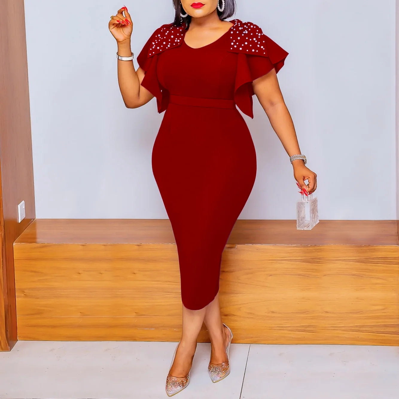 Women Leaf Edge High Waist Trendy Zipper Closure Short Sleeve Dress