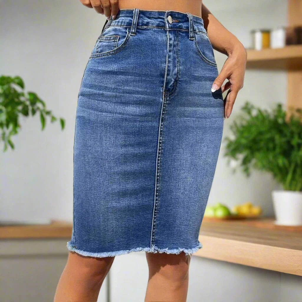 ﻿ ﻿ Women High Waist Denim Skirts Ladies Stretch Jeans Knee Length