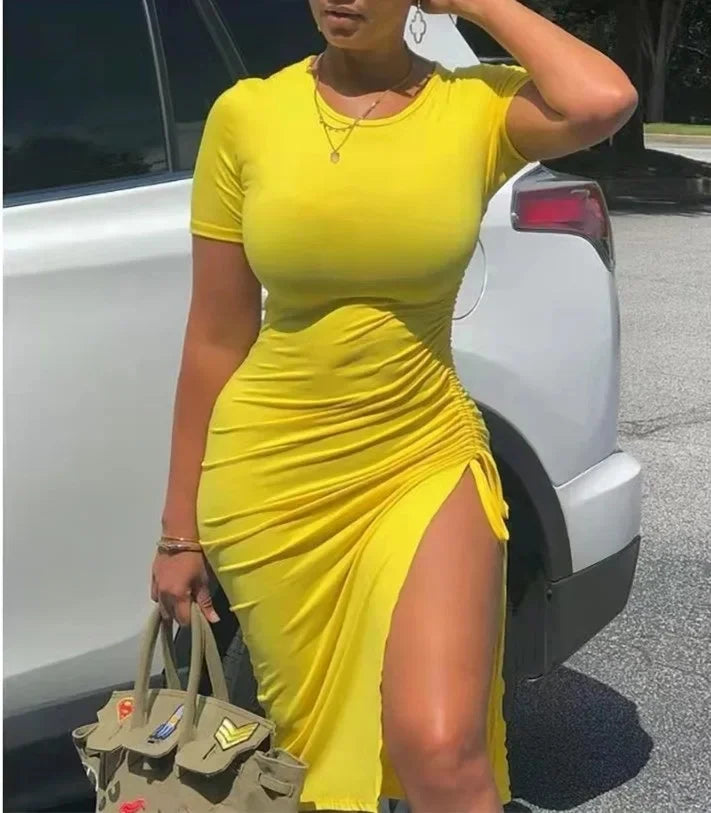 Women's Corduroy Drawstring Knee-Length Loose Waist  round Neck Dress