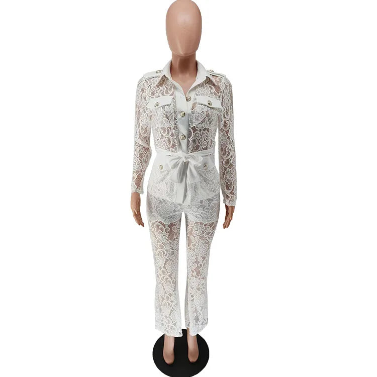 Women's Crochet Lapel Long Sleeve Jumpsuit Two Piece Pants Set Trendy