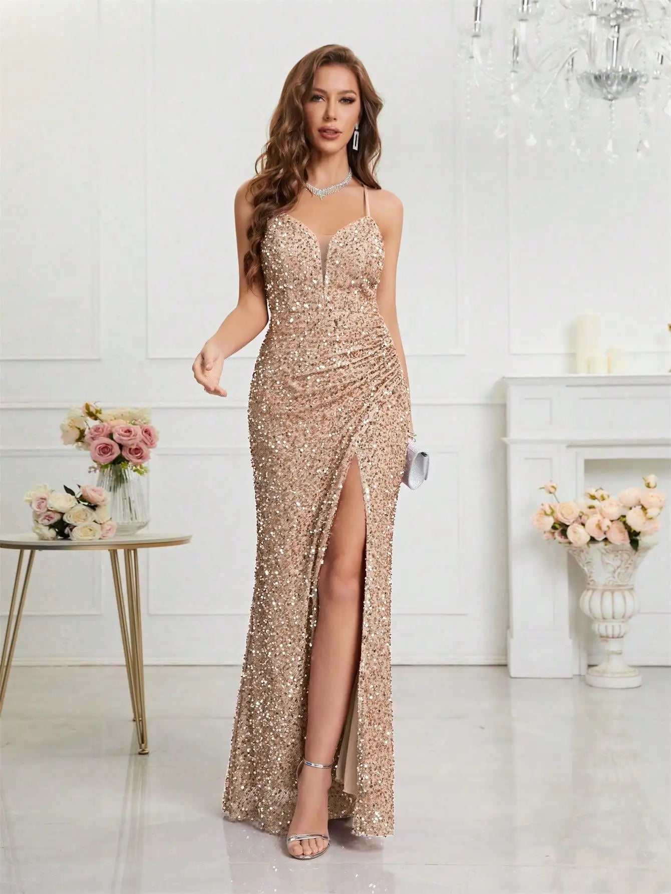 Bodycon Halter Neck Ruched Waist Sequined Formal  Cami Women's Dress