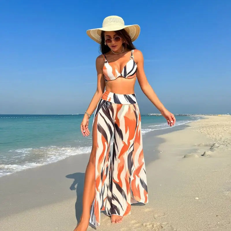 Bikinis Sets 3 Pieces Swimsuit Slit Pants Cover Ups Stripe Swimwear