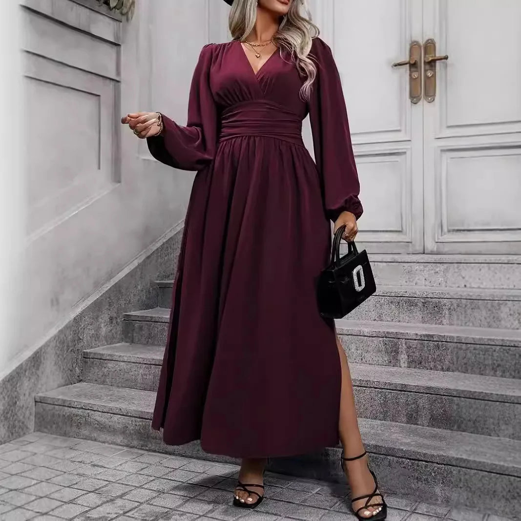 Plus Size Women's Elegant Long Dress V Neck High Waist  Long Sleeve