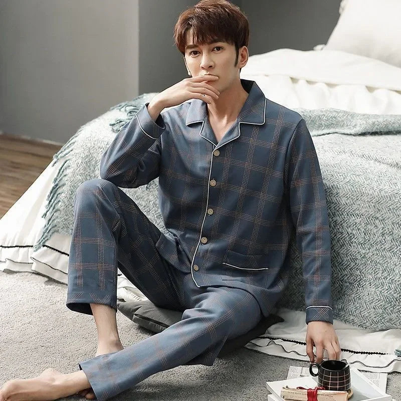 Men's Cotton Pajama Set, Lightweight Long Sleeve Casual Cardigan Suit