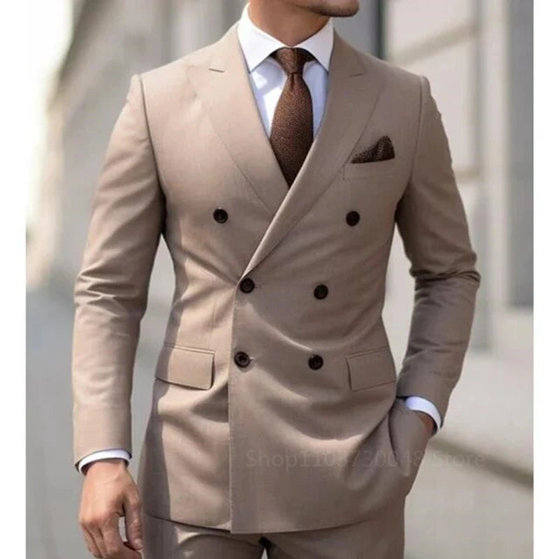 Men's Suit Set Fashion Groom Peak Lapel Double Breasted Blazer Trouser