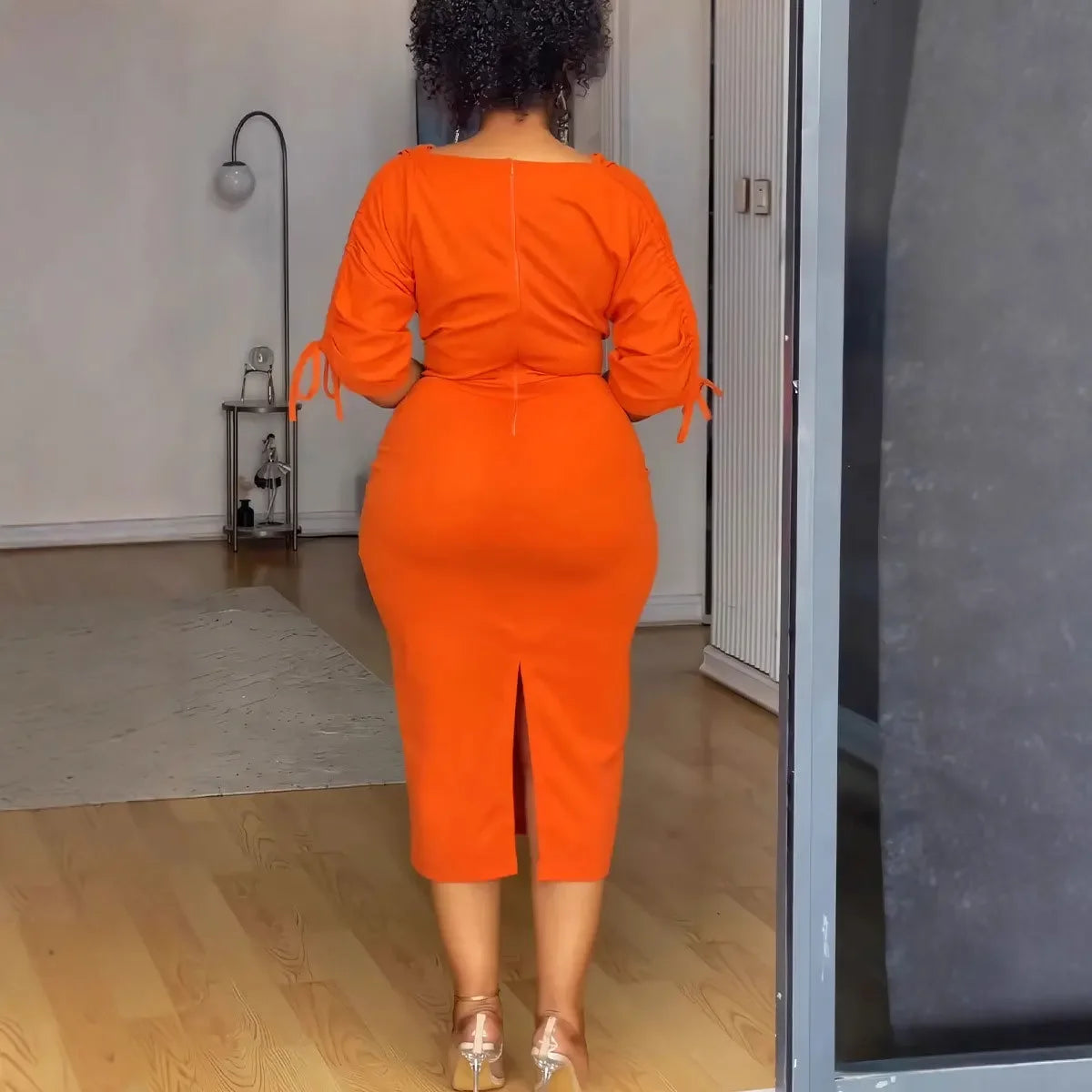 Waist-Fitted Elastic Dress With Back Side Slip Ruching Female Fashion