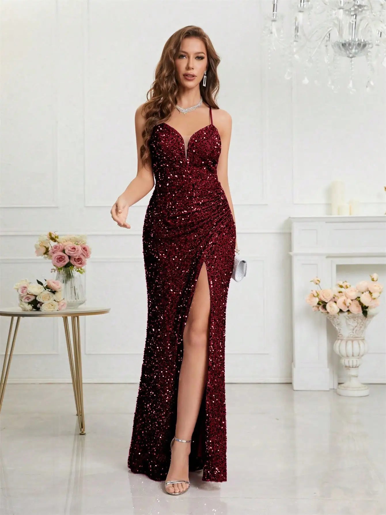 Bodycon Halter Neck Ruched Waist Sequined Formal  Cami Women's Dress