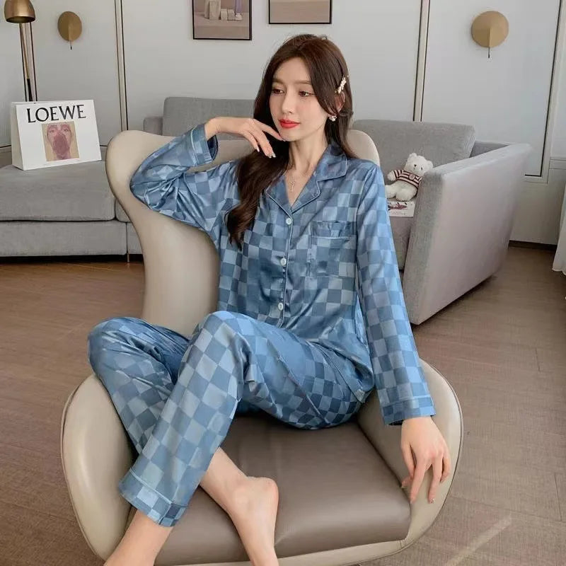 Women's Home wear Set Summer Long-Sleeved Pants Plaid Pajama Set