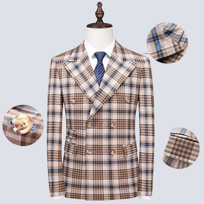 Men’s grid-pattern suit set with a double-breasted jacket and coordinating trousers