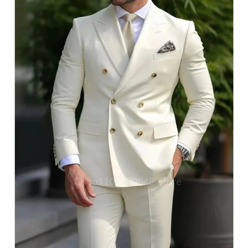 Men's Suit Set Fashion Groom Peak Lapel Double Breasted Blazer Trouser