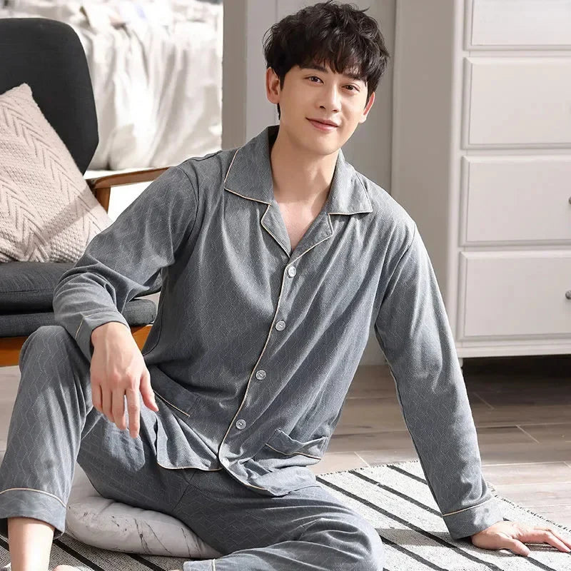 Men's Cotton Pajama Set, Lightweight Long Sleeve Casual Cardigan Suit