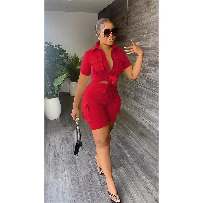 Button-Up Shirt Top Short Matching Streetwear Two Piece Set for Women