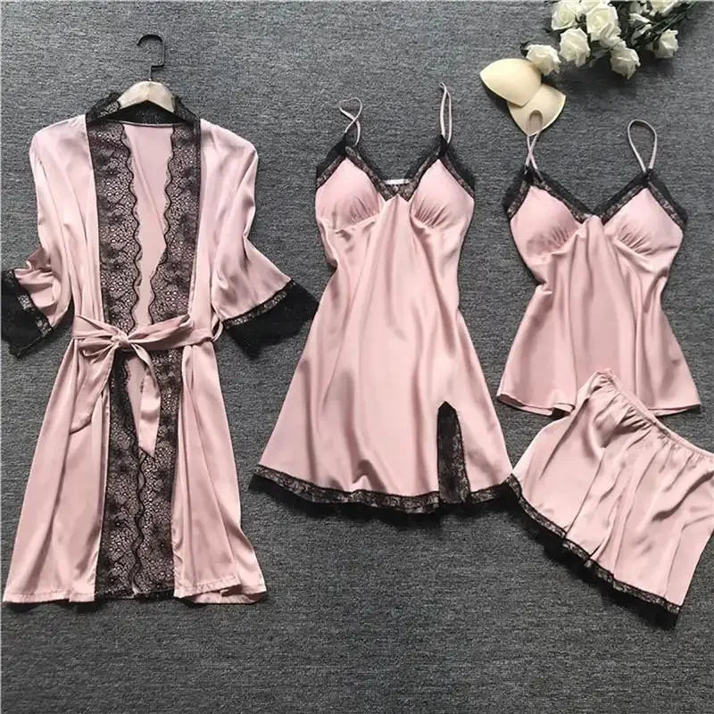 4 Pieces Women's Sexy Lace Pajamas V-Neck Gown Comfort With Chest Pads
