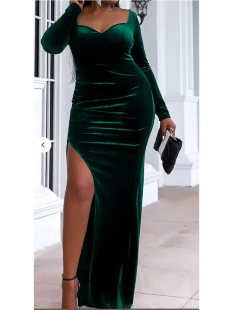 Women's Velvet Vintage High Split Elegant Dress Sexy Bodycon