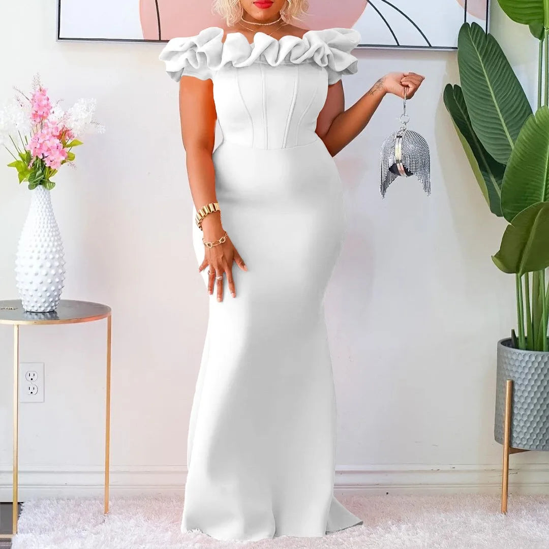 Elegant Off Shoulder Short Sleeve Ruffles Mermaid Long Dress for Women
