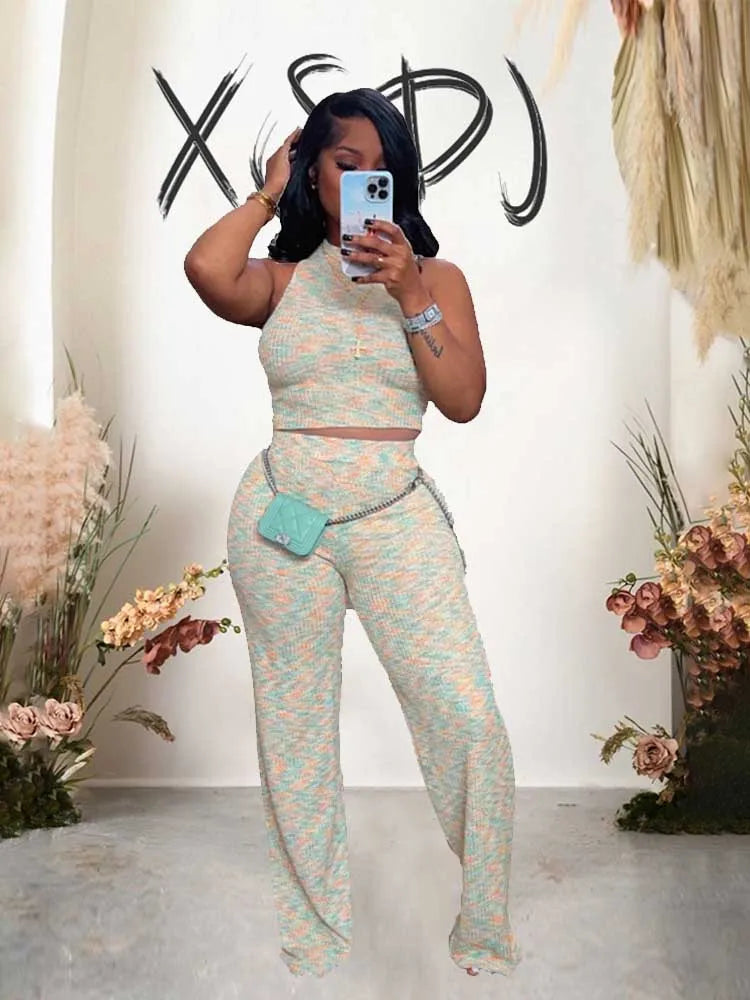 Women's Outfits: Stretchy Knitted Suit Sexy Sleeveless Top and Pants