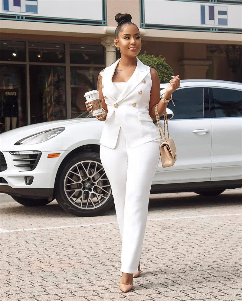 Women's Set Elegant Sleeveless Blazer Top + Pencil Pants Matching Sets