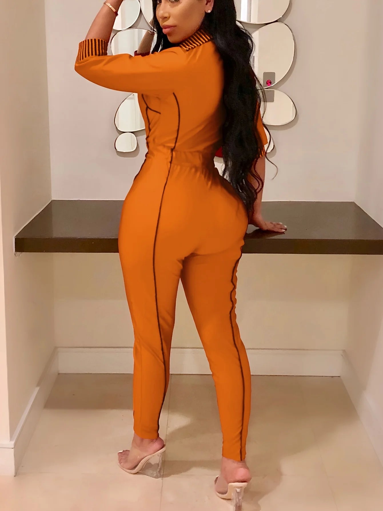 Zipper 3/4 Sleeve Skinny Jumpsuit, Sports Long Sexy Women's Clothing