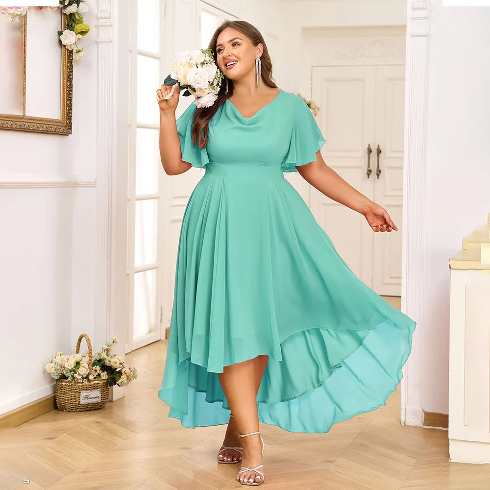 Plus Size Women's Chiffon V-Neck Swing Midi Dress Butterfly Sleeve