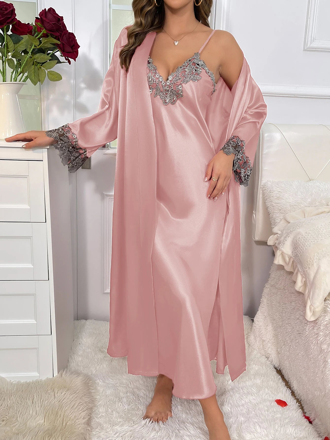 Long Sleeve Belted Robe V Neck Slip Dress Sexy Elegant Women Pajama Sets