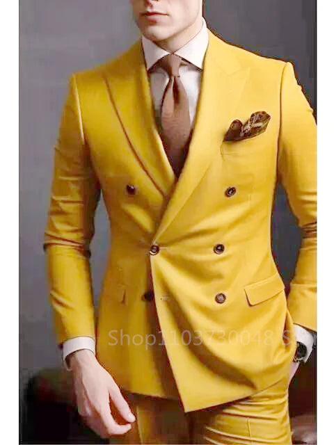 Men's Suit Set Fashion Groom Peak Lapel Double Breasted Blazer Trouser