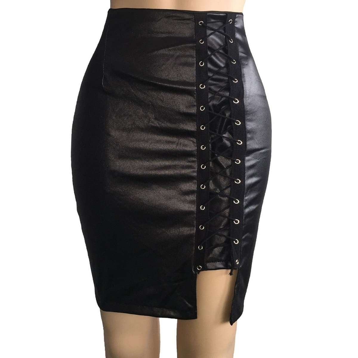 Ladies High Waist Bandage Split Sexy Hip Leather Skirt