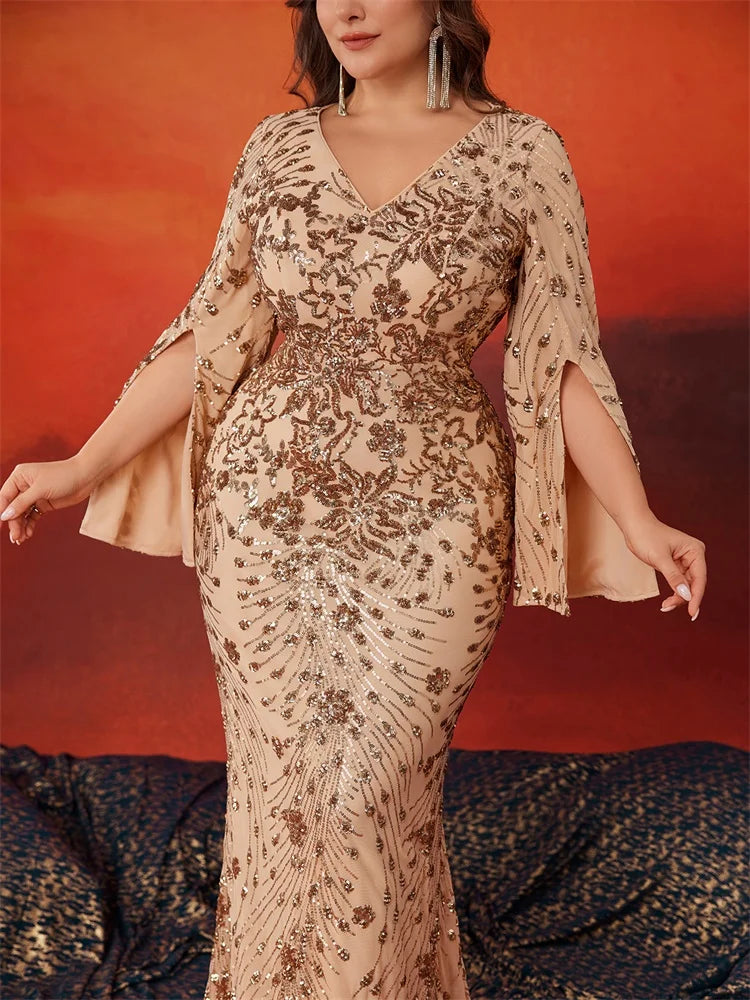 Plus Size Gold Evening Women Long Sleeve Mermaid Formal Sequins Dress