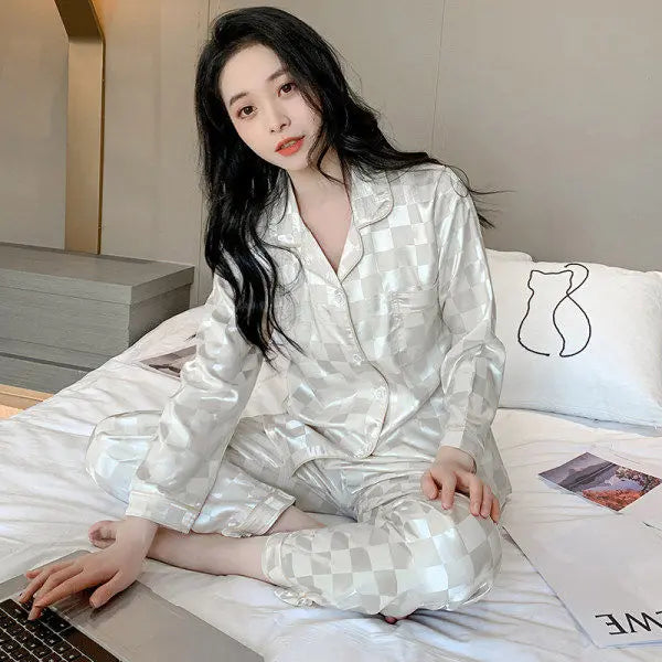 Women's Home wear Set Summer Long-Sleeved Pants Plaid Pajama Set