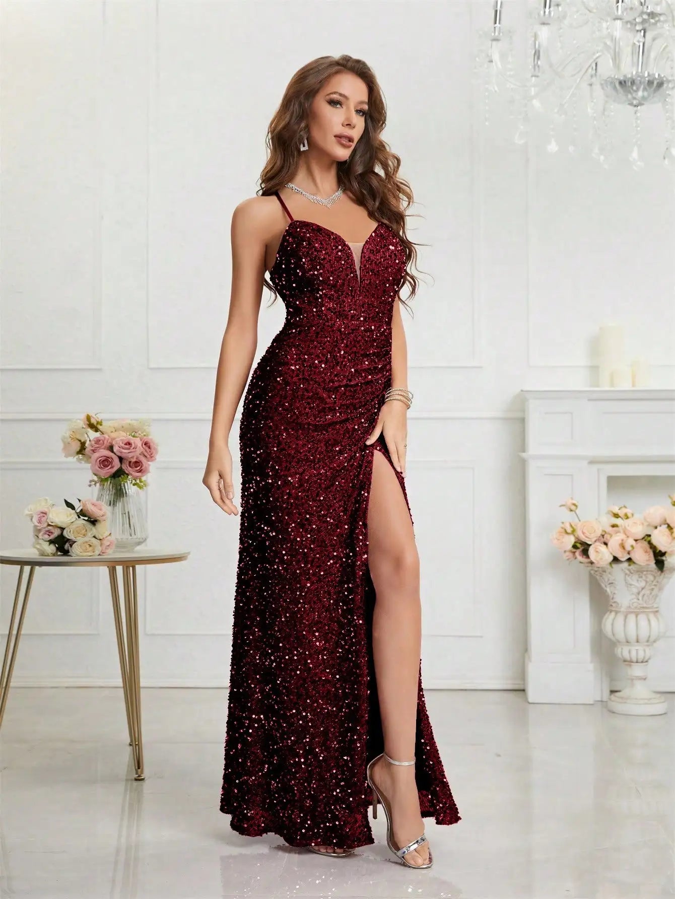 Bodycon Halter Neck Ruched Waist Sequined Formal  Cami Women's Dress