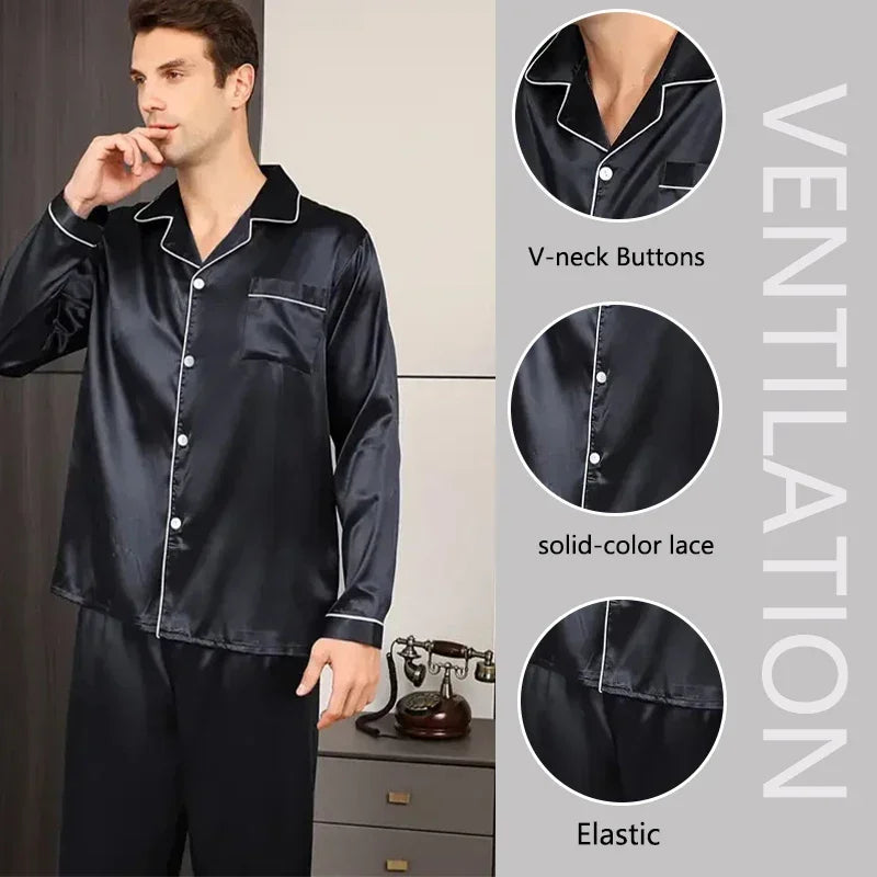 Man wearing black satin pajama set with close-up details on a gray background