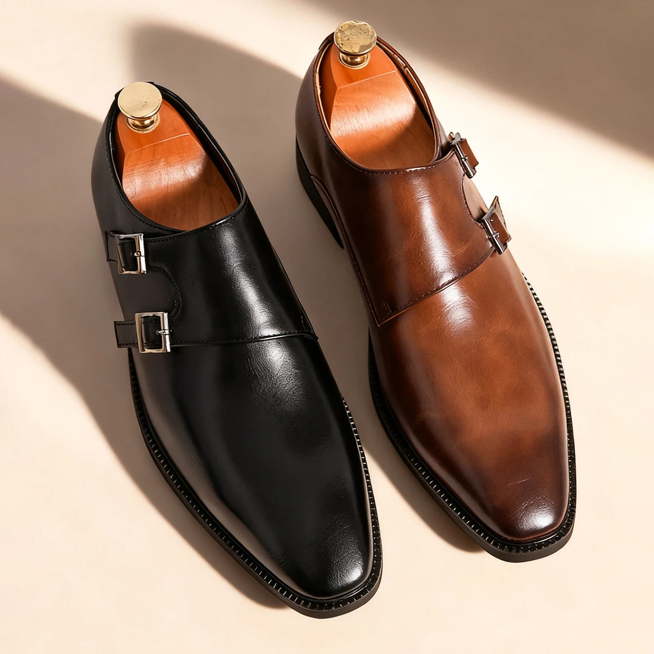 Classic Retro Dress Men's Monk Leather Shoes With Pointed Toe Buckle