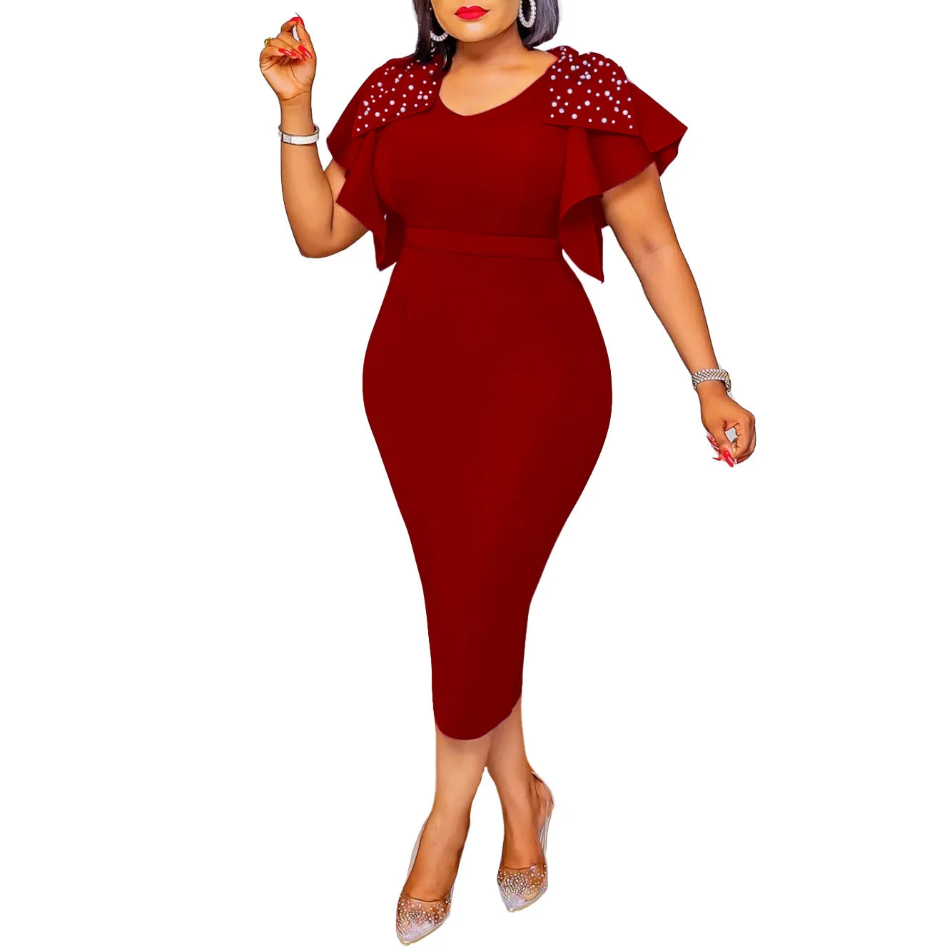 Women Leaf Edge High Waist Trendy Zipper Closure Short Sleeve Dress