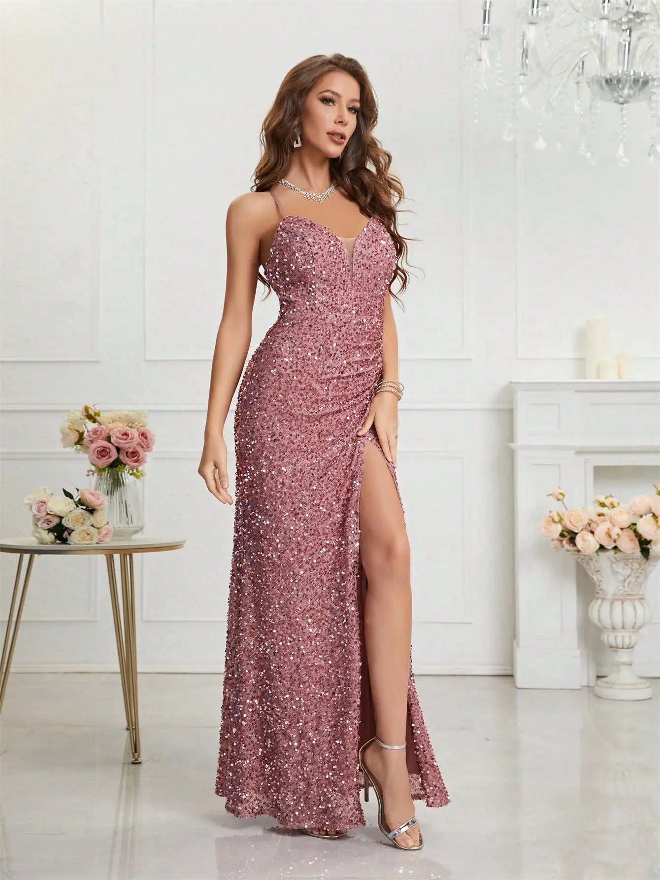 Bodycon Halter Neck Ruched Waist Sequined Formal  Cami Women's Dress