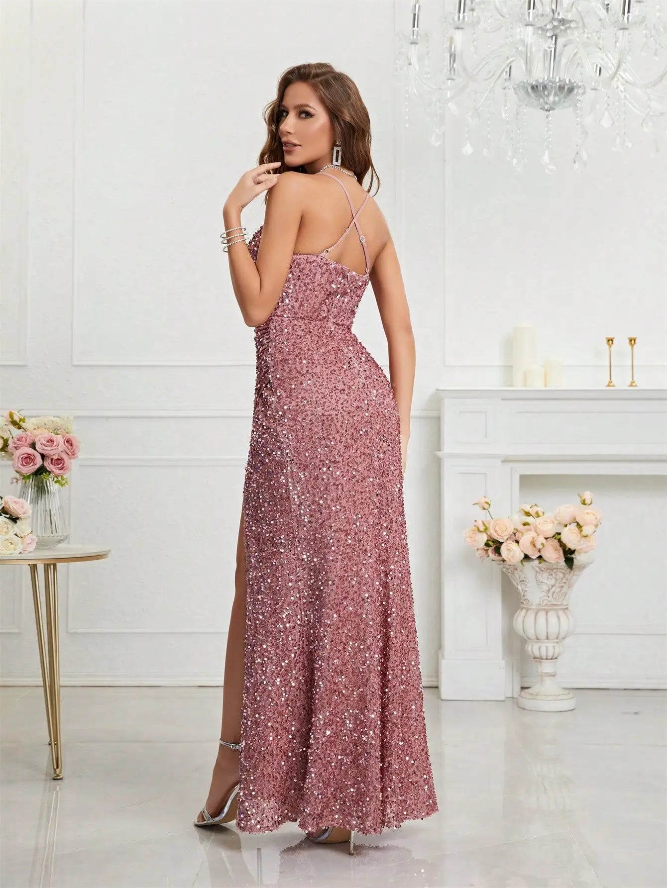 Bodycon Halter Neck Ruched Waist Sequined Formal  Cami Women's Dress