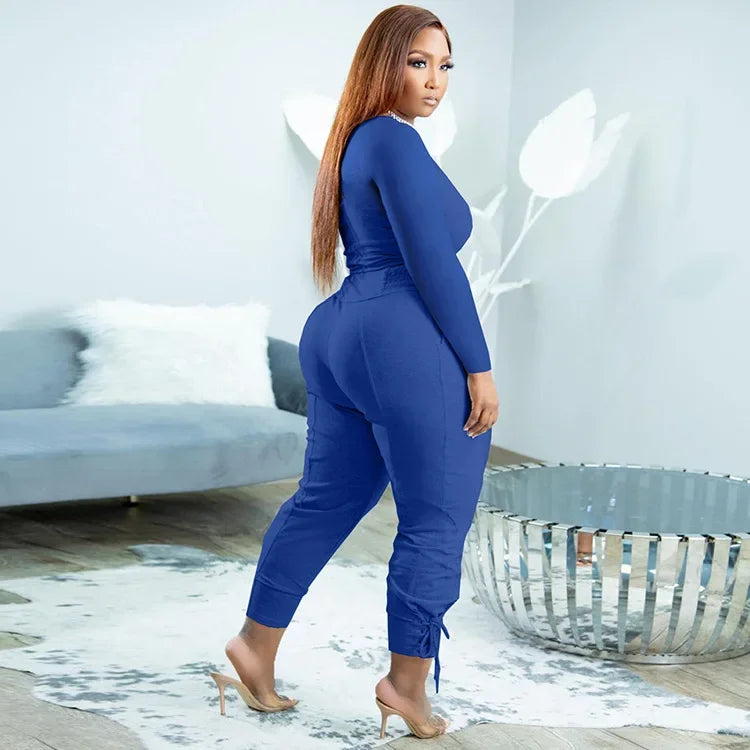Plus Size Sexy Loose Fit Casual 2-Piece Set for Women V-Neck Pantsuit
