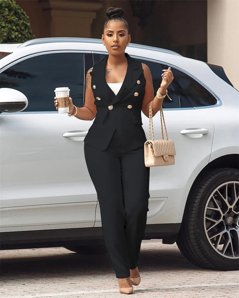 Women's Set Elegant Sleeveless Blazer Top + Pencil Pants Matching Sets