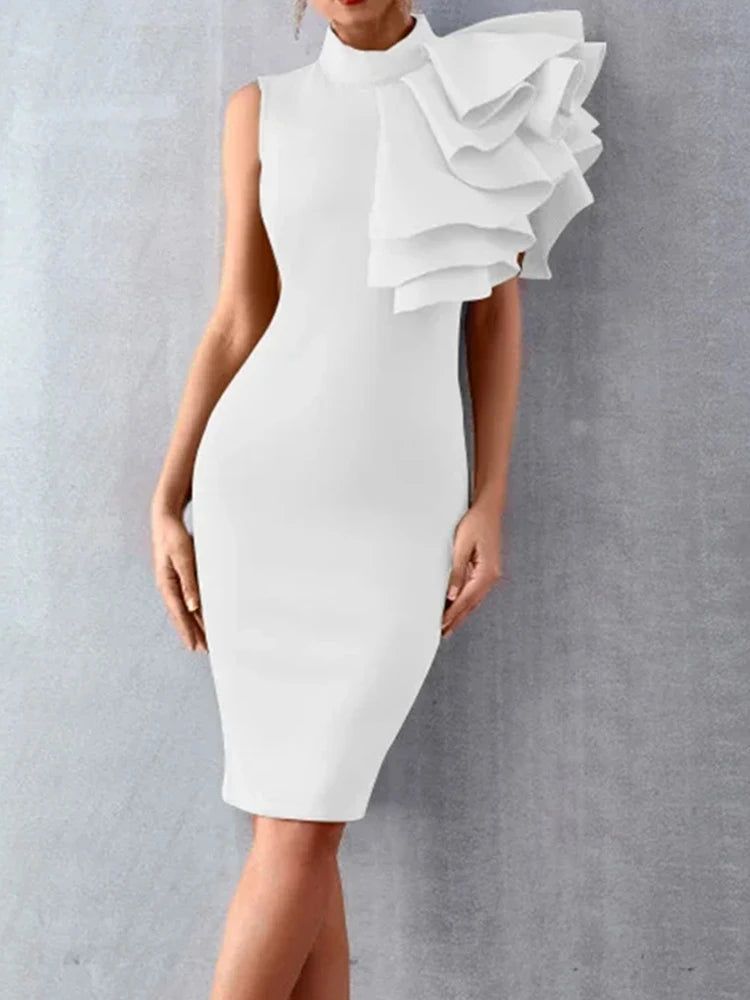 Fashion Bodycon One Shoulder With Flower Ruffle Elegant Evening Dress