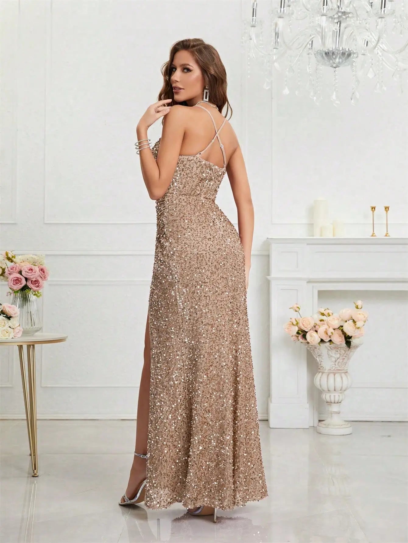 Bodycon Halter Neck Ruched Waist Sequined Formal  Cami Women's Dress