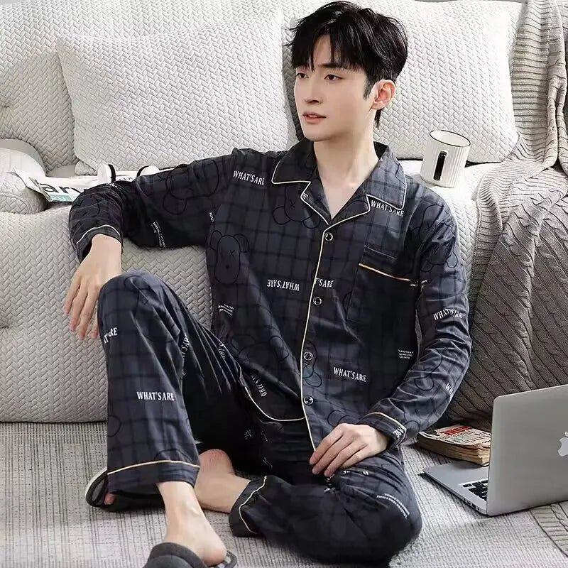 Men's Cotton Pajama Set, Lightweight Long Sleeve Casual Cardigan Suit