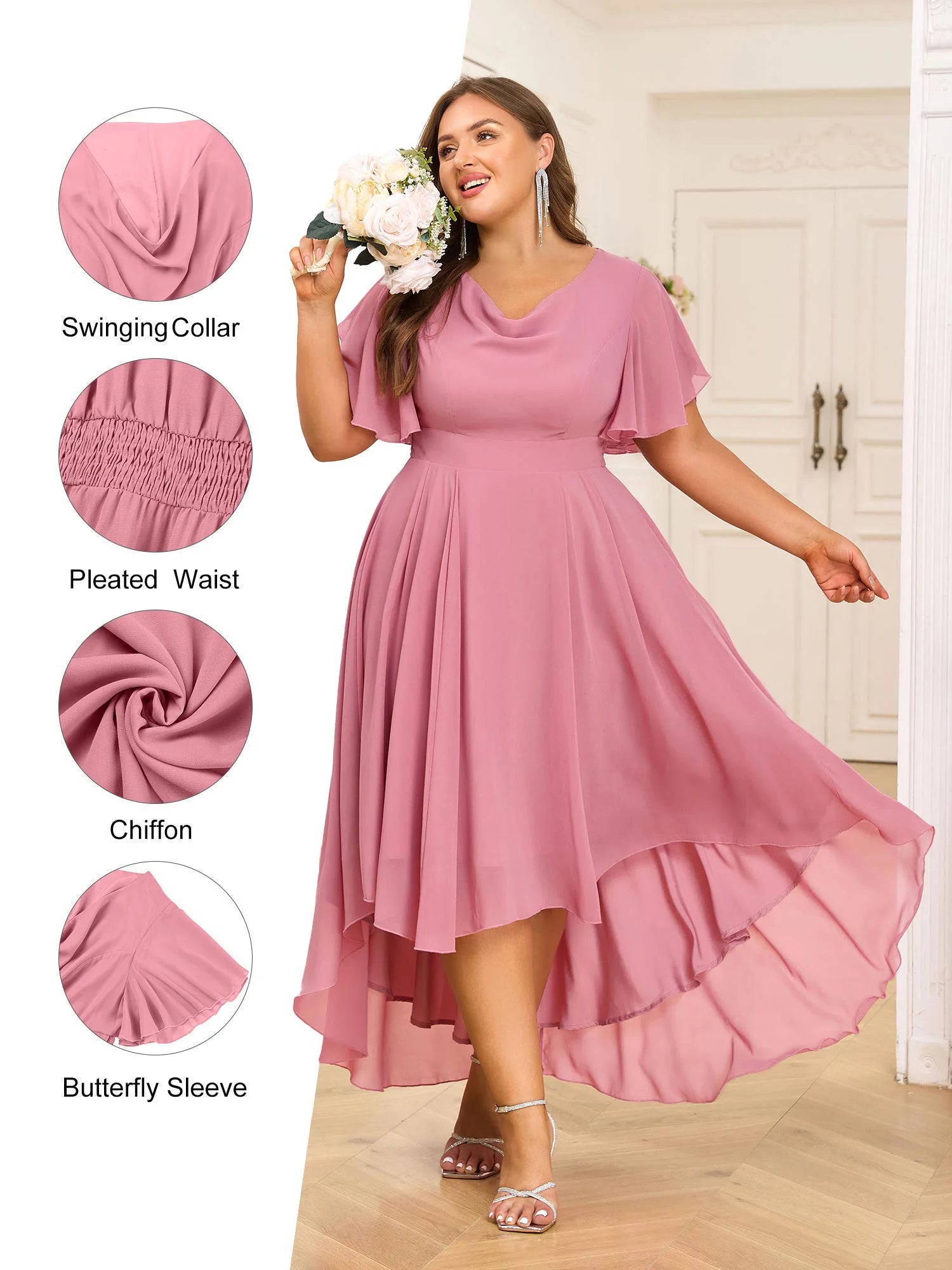 Plus Size Women's Chiffon V-Neck Swing Midi Dress Butterfly Sleeve