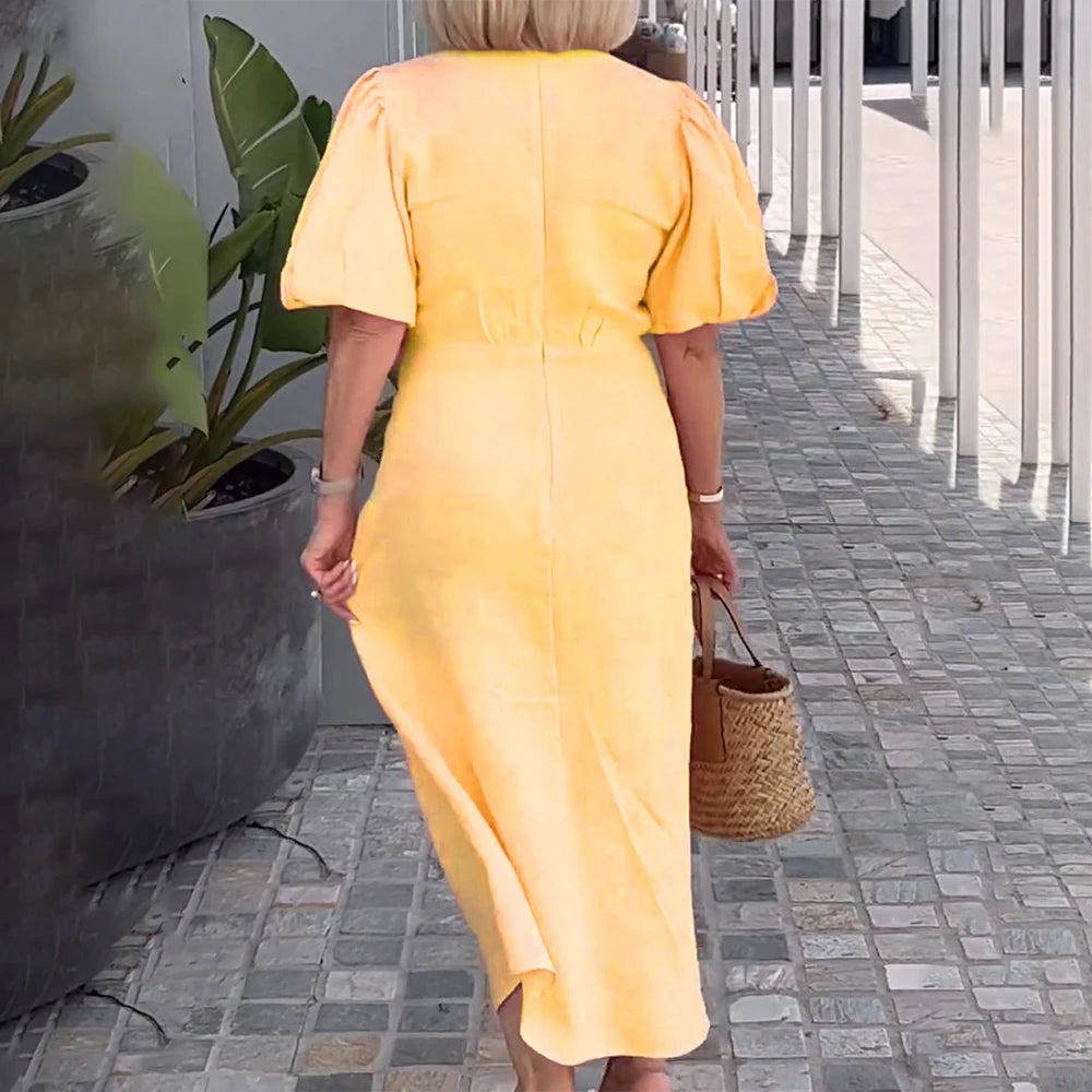 Plus Size Women's Solid Elegant V-Neck Lace-Up Puff Sleeve Maxi Dress